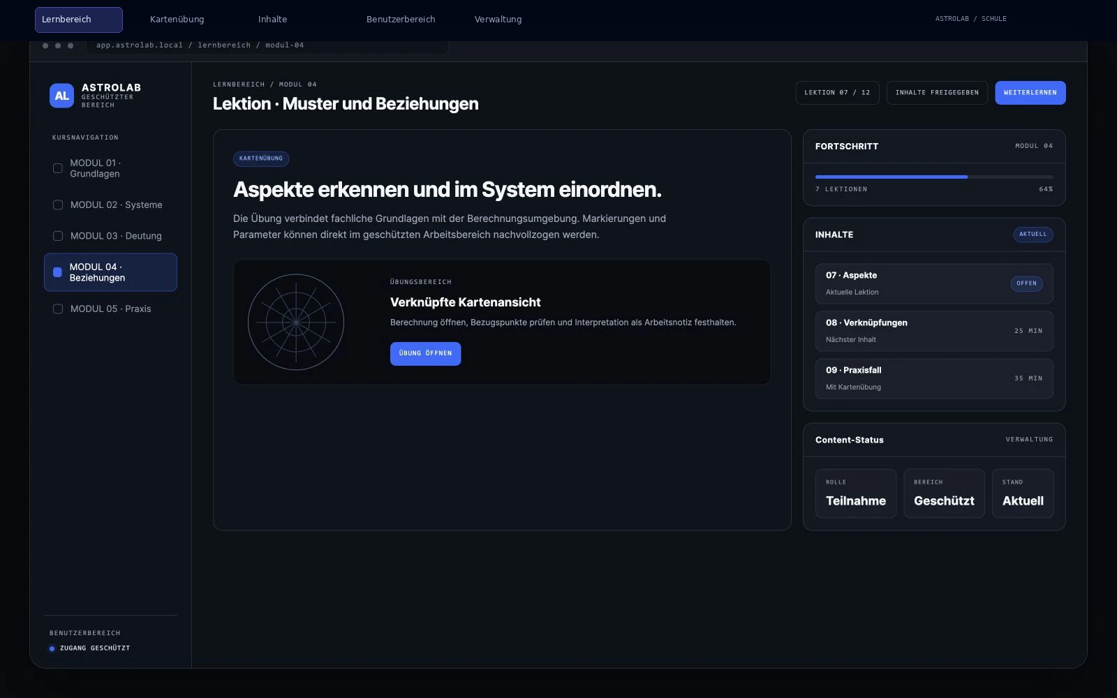 Geschützter AstroLab-Lernbereich mit Modulnavigation, Kartenübung, Fortschritt und Inhaltsverwaltung.