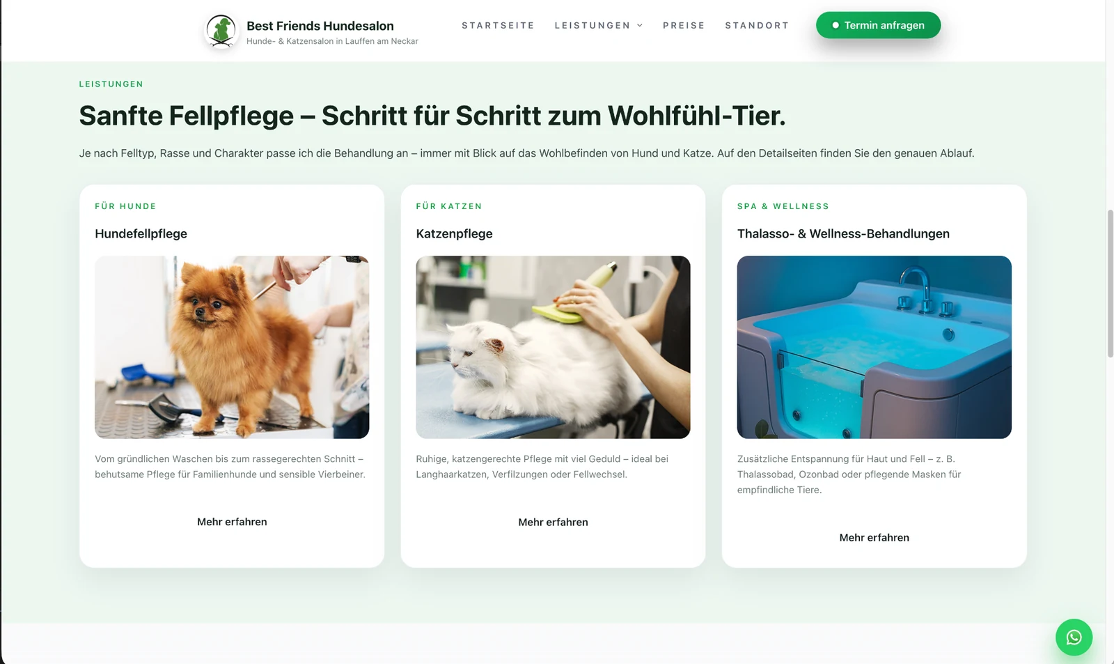 Realer Best-Friends-Leistungsbereich mit Hunde-, Katzen- sowie Spa- und Wellnessangeboten.