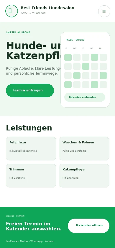 Mobile Best-Friends-Projektdarstellung mit Leistungen und direktem Zugang zum Terminkalender.