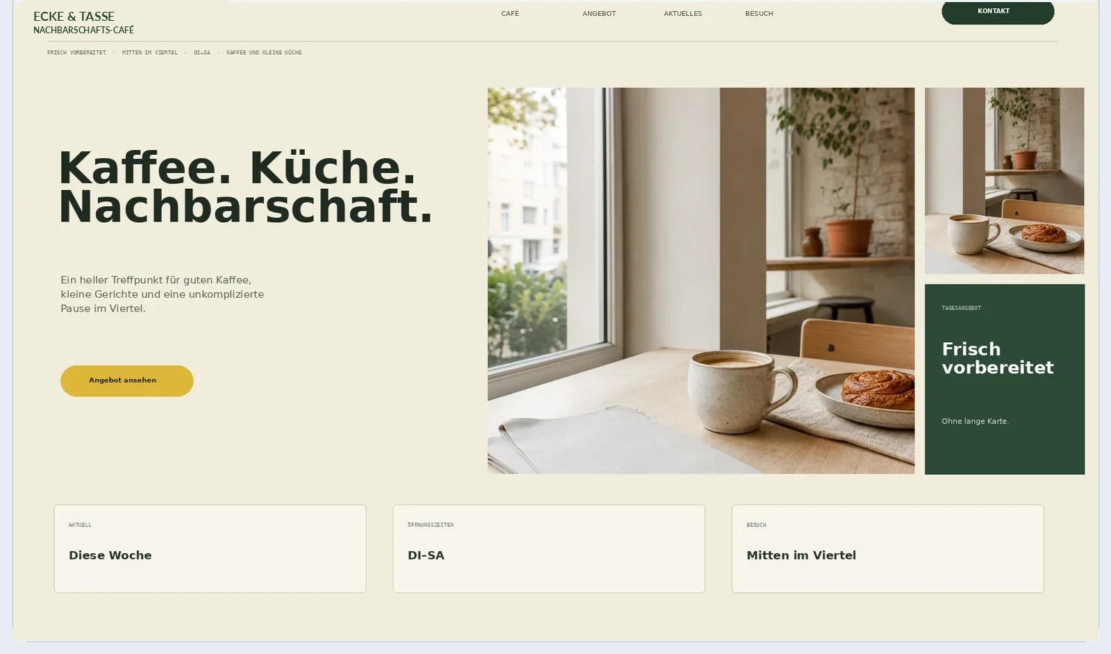 Ecke & Tasse: heller Café-Auftritt mit Bildcollage, Wochenangebot und eigenständiger Grotesk-Typografie.