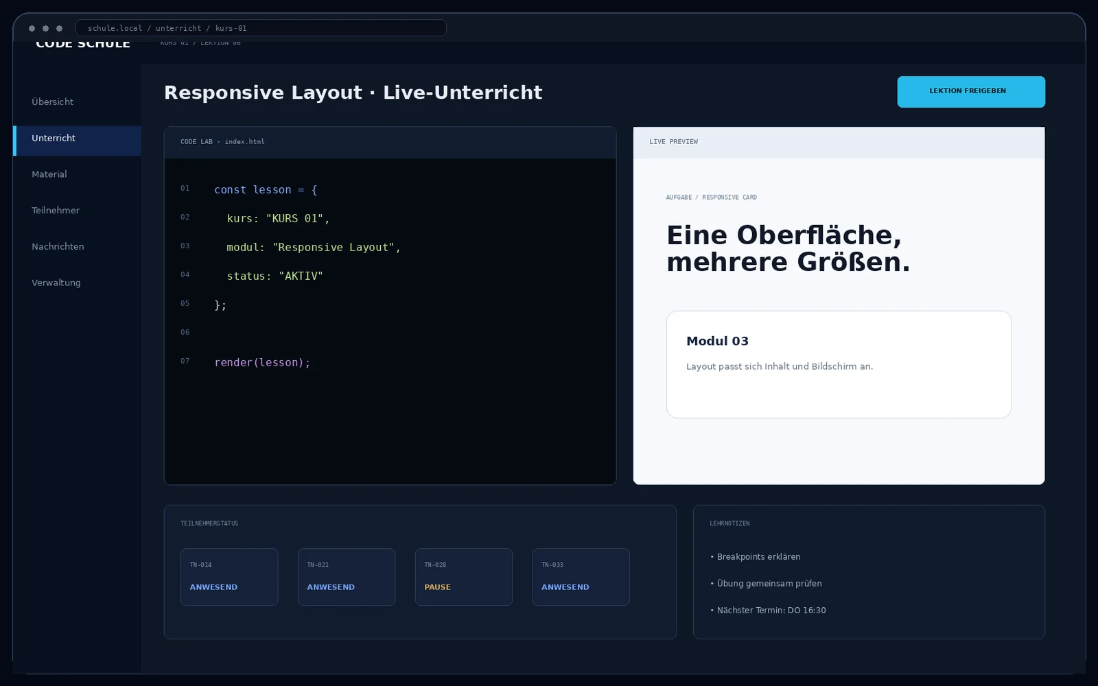 Unterrichtsansicht einer Programmierschule mit Code Lab, Live-Vorschau, Teilnehmerstatus und Lehrnotizen.