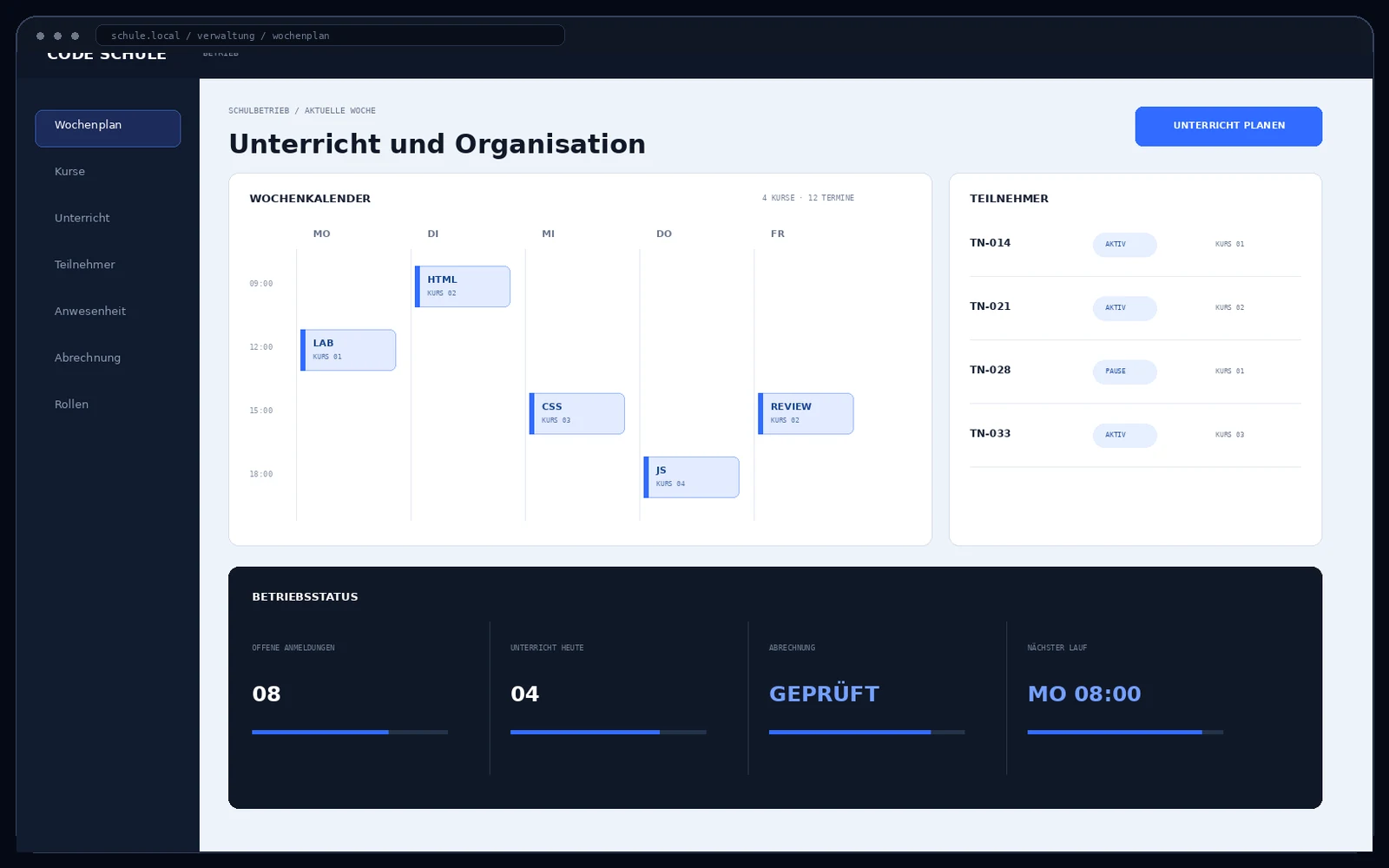 Betriebsübersicht einer digitalen Programmierschule mit Wochenkalender, Teilnehmern und Abrechnung.